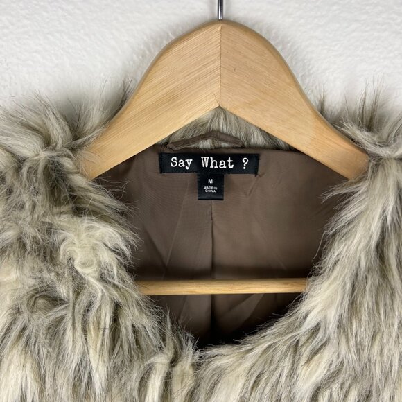 Say What | Faux Fur Off White and Tan Animal Print Fuzzy Vest, size M - Picture 3 of 9